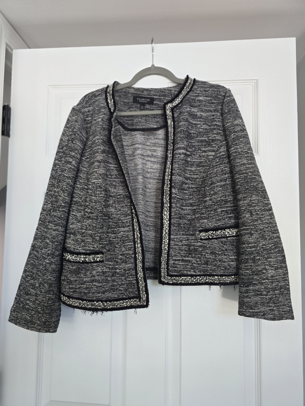Talbots Black Tweed Open Front Jacket with Trim